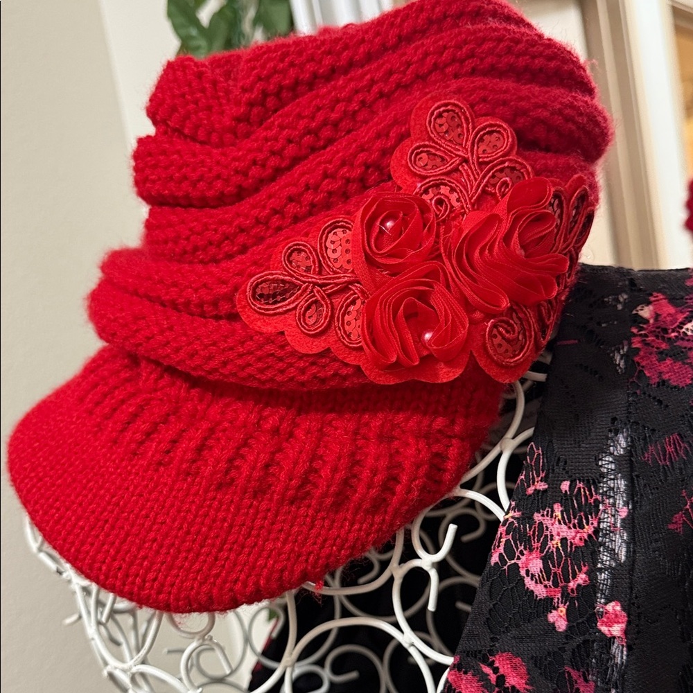 Red Knit Hat with Floral Accent
